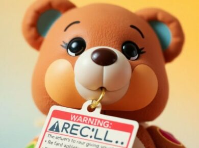 Aufziehfigur Bär mit Warnschild vor Rückruf