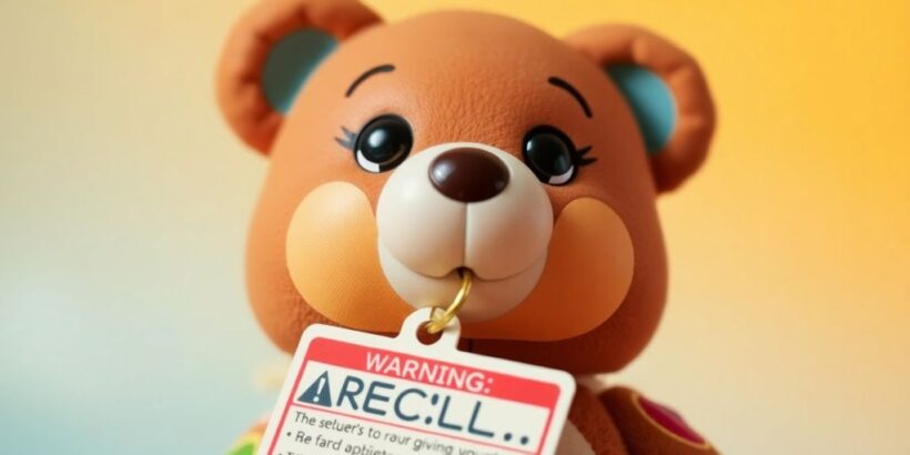 Aufziehfigur Bär mit Warnschild vor Rückruf