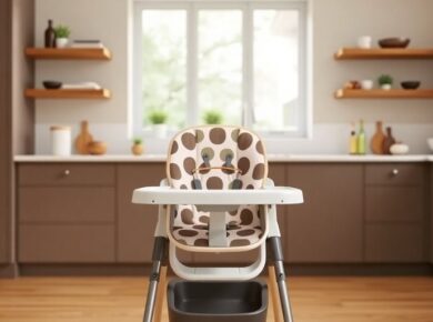 Bugaboo Giraffe Hochstuhl in moderner Kücheneinrichtung.