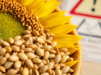 Sonnenblumenkerne in Schüssel mit Warnzeichen im Hintergrund.