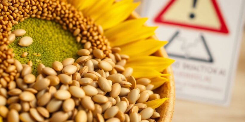 Sonnenblumenkerne in Schüssel mit Warnzeichen im Hintergrund.