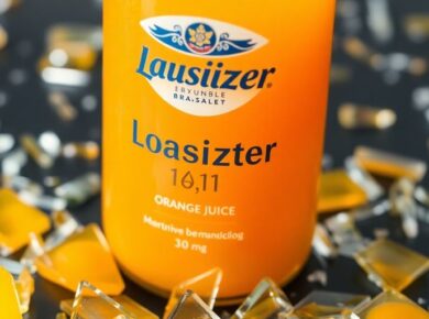 Flasche Lausitzer Orangensaft mit Glassplittern umher.