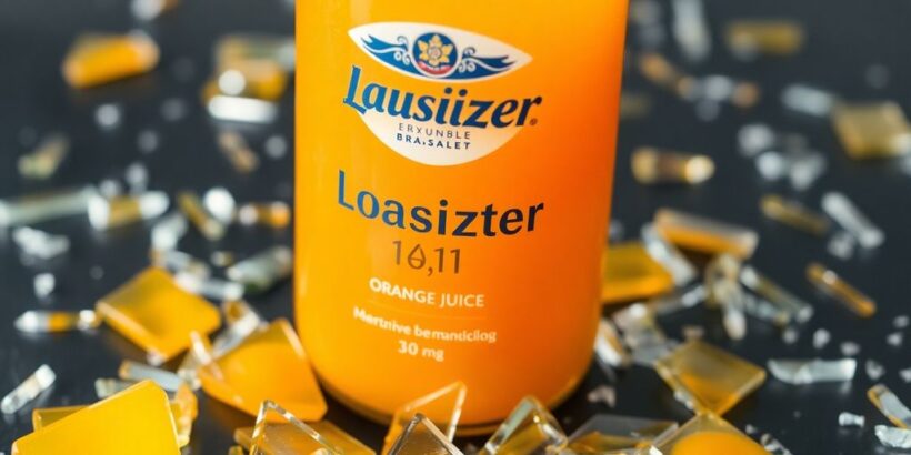 Flasche Lausitzer Orangensaft mit Glassplittern umher.