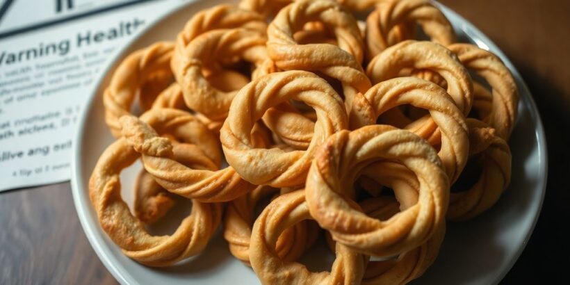 Kringel Kekse auf einem Teller mit Warnhinweis.