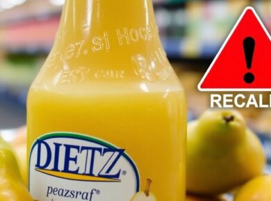 DIETZ Birnensaft mit frischen Birnen und Warnhinweis.