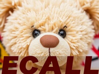 Plüsch Teddybär mit Sicherheitswarnung im Hintergrund.