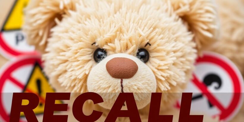 Plüsch Teddybär mit Sicherheitswarnung im Hintergrund.