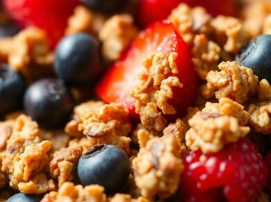 Schüssel mit Beeren Crunchy und Warnsymbol im Hintergrund.
