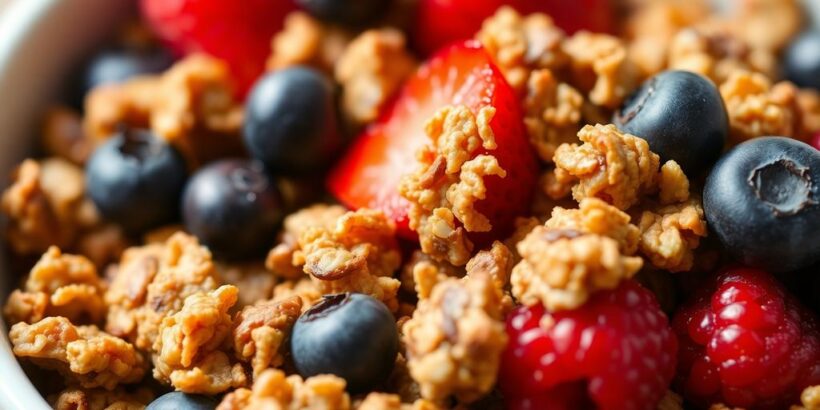 Schüssel mit Beeren Crunchy und Warnsymbol im Hintergrund.