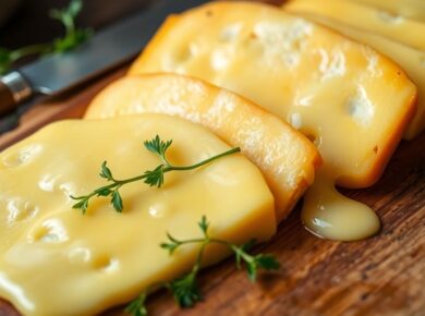 Gourmet Schweizer Raclette Käse auf einem Holzbrett.