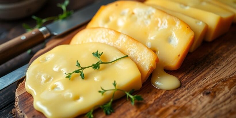 Gourmet Schweizer Raclette Käse auf einem Holzbrett.