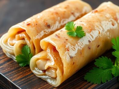 Konjak-Braunreis-Röllchen auf dunklem Holz mit Kräutern.