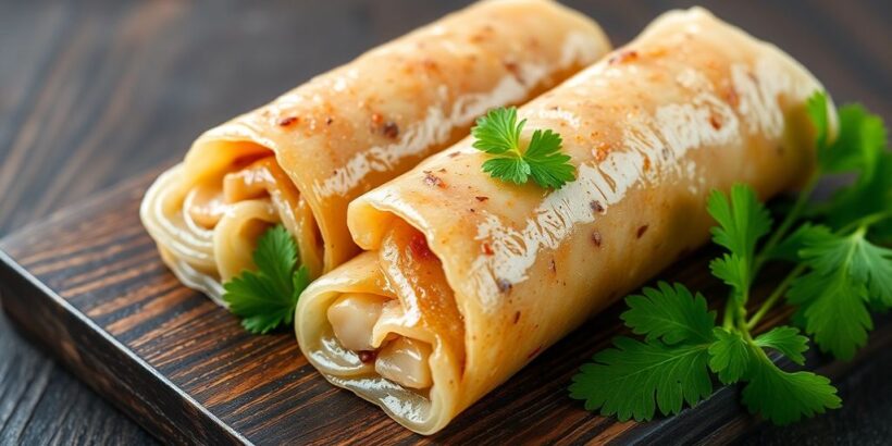 Konjak-Braunreis-Röllchen auf dunklem Holz mit Kräutern.