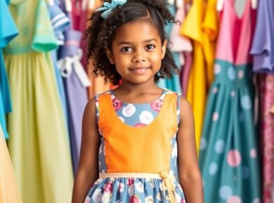 Mädchen in schickem Kleid zwischen bunten Kleidern.