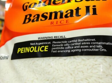Golden Sun Basmati Reis mit Pestizidwarnung im Hintergrund.