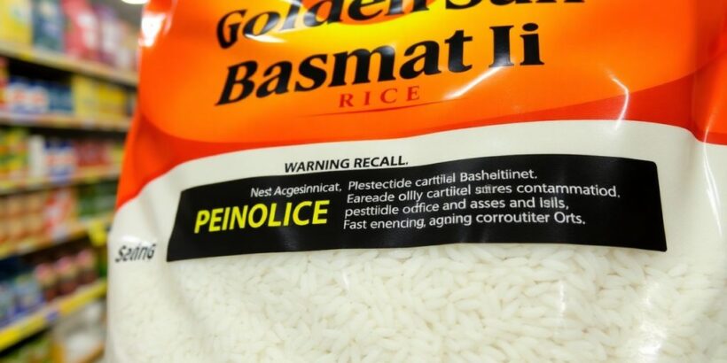 Golden Sun Basmati Reis mit Pestizidwarnung im Hintergrund.