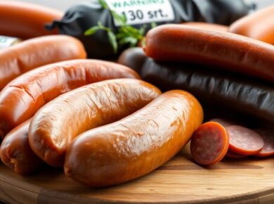 Rohwurstsorten mit Warnlabel auf einem Holzbrett.