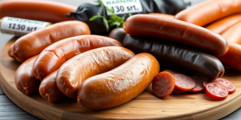 Rohwurstsorten mit Warnlabel auf einem Holzbrett.