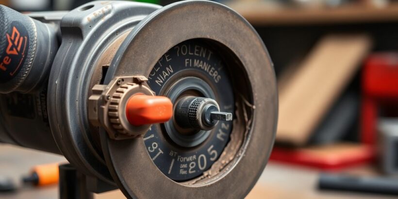 Beschädigter b1 Winkelschleifer mit sichtbaren Gefahren.