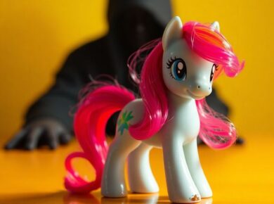 Gefälschte My Little Pony Figur mit Schatten im Hintergrund.