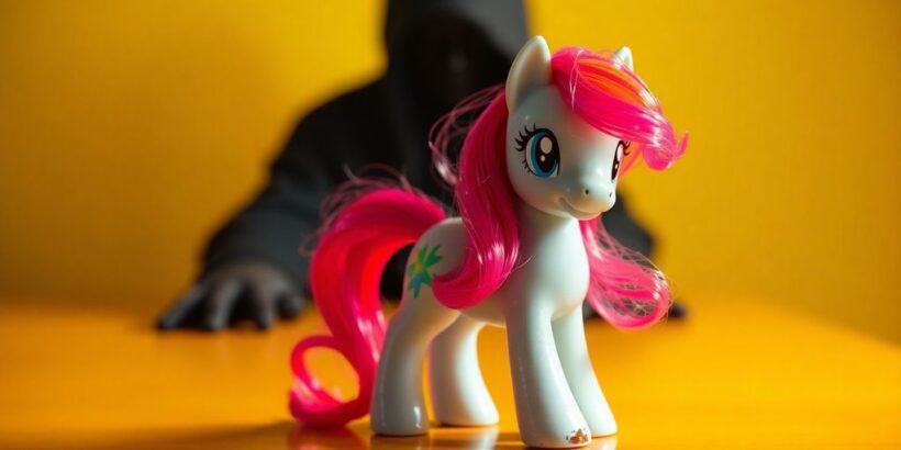 Gefälschte My Little Pony Figur mit Schatten im Hintergrund.