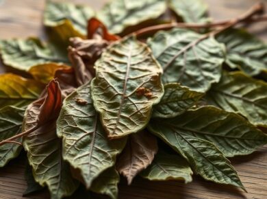 Getrocknete Bitterblattblätter auf einem Tisch.