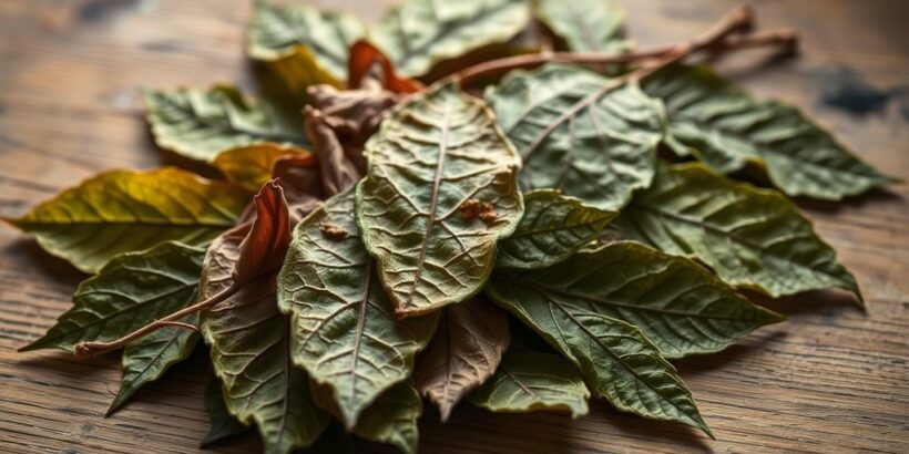 Getrocknete Bitterblattblätter auf einem Tisch.