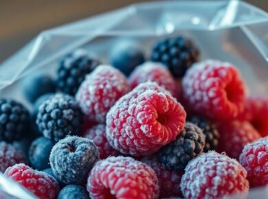 Gefrorene Beerenpackung mit Warnhinweis