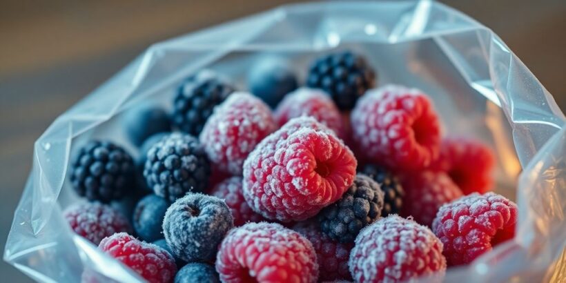 Gefrorene Beerenpackung mit Warnhinweis