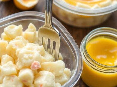 Kartoffelsalatbecher, Gabel, Senfgefäß auf Holztisch