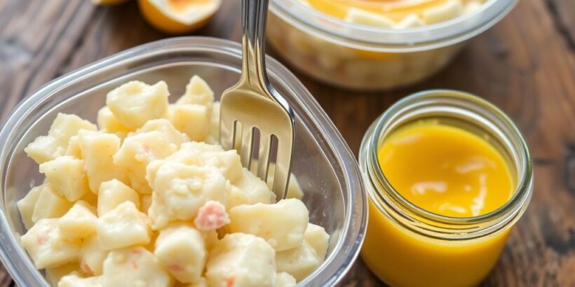 Kartoffelsalatbecher, Gabel, Senfgefäß auf Holztisch