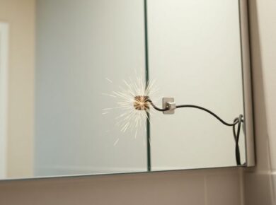 Spiegelschrank mit sichtbaren Kabeln und Funken