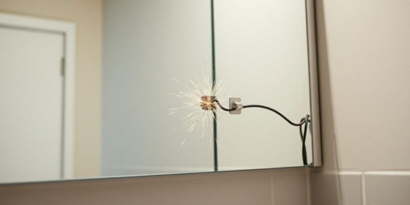 Spiegelschrank mit sichtbaren Kabeln und Funken