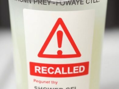 Duschgel-Flasche mit Warnsymbol