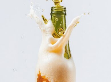 Zerplatzende Flasche alkoholfreien Weins mit Schaum