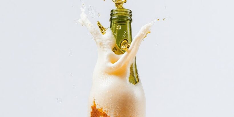 Zerplatzende Flasche alkoholfreien Weins mit Schaum