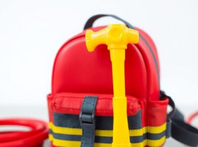 Spielzeug-Feuerwehrrucksack mit rotem Schlauch und Äxten