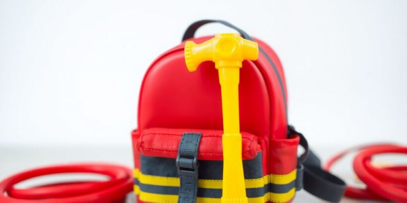 Spielzeug-Feuerwehrrucksack mit rotem Schlauch und Äxten