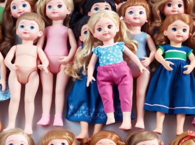 Kinderplay Puppen im Regal, eines wird herausgenommen.