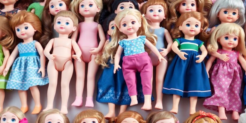 Kinderplay Puppen im Regal, eines wird herausgenommen.