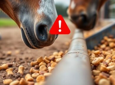 Pferde, die Leckerlis fressen, mit einem Warnsymbol.