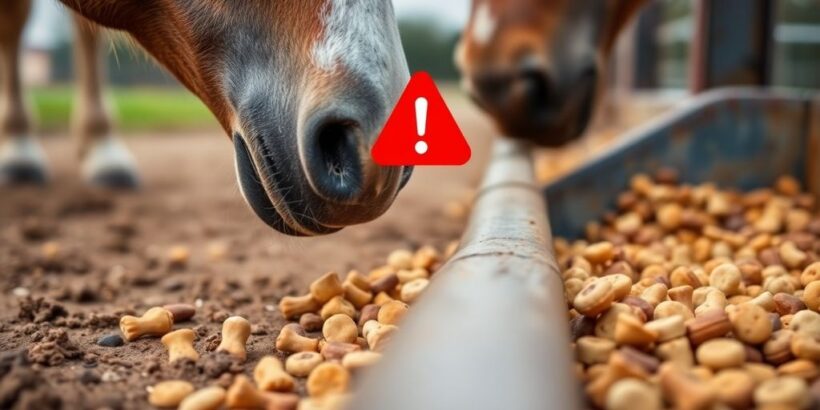 Pferde, die Leckerlis fressen, mit einem Warnsymbol.