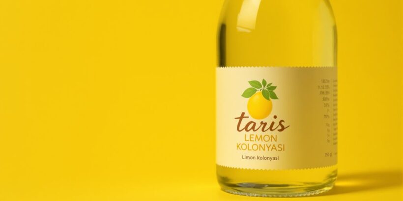 Flasche Taris Limon Kolonyasi vor gelbem Hintergrund.