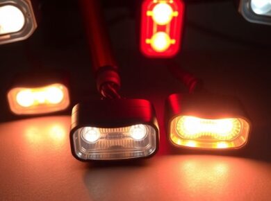 Glühende Fahrradlichter auf dunklem Hintergrund