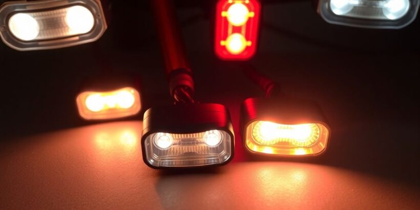 Glühende Fahrradlichter auf dunklem Hintergrund