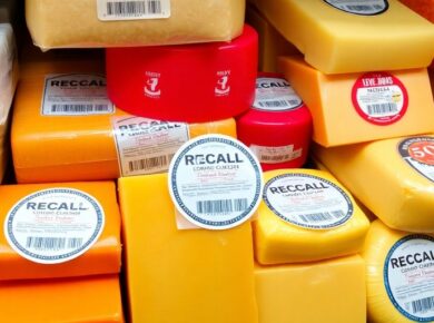 Käsesorten im Supermarktregal, einige mit Rückruf-Aufklebern.