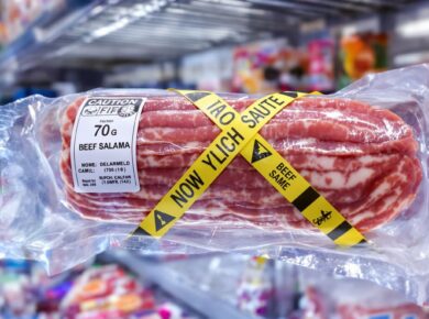 Verpackte Rindersalami 70 g im Kühlregal, gelb-schwarzes Absperrband darüber quer