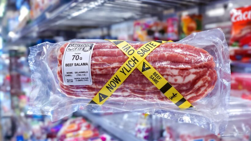 Verpackte Rindersalami 70 g im Kühlregal, gelb-schwarzes Absperrband darüber quer