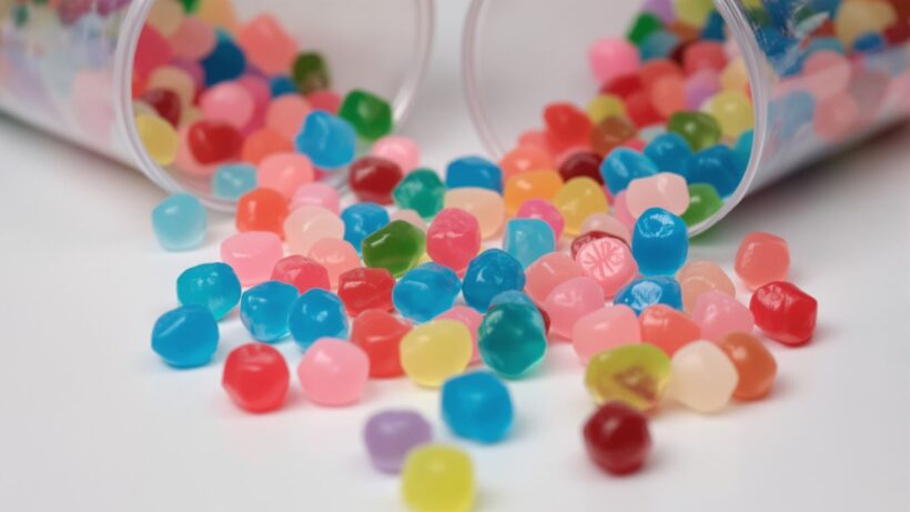 Kleine, bunte Geleesüßigkeiten in Minibechern.