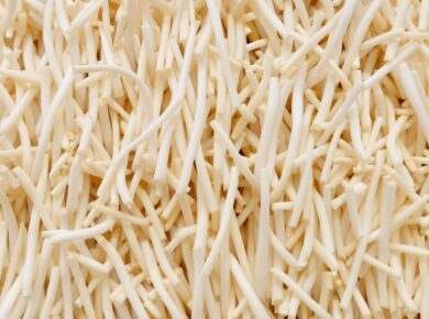 Enoki-Pilze in Nahaufnahme, weiß und frisch.